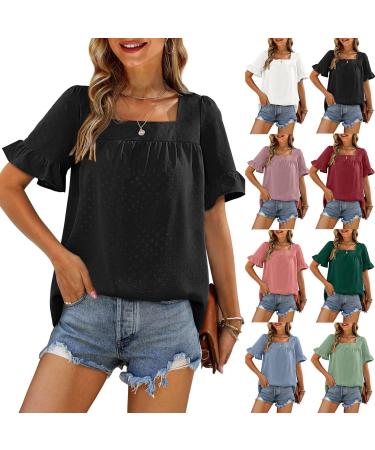 Womens Tops Summer Sexy Square Neck Casual Ruffle Short Sleeve Shirts Blouses Medium 01-black