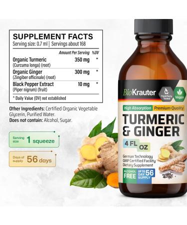 BIO KRAUTER Turmeric and Ginger Supplement - Pure Vegan Liquid Turmeric & Ginger Tincture with Pepper 4 Fl.Oz 56 Days of Supply - Curcumin Drops for Joint Support Antioxidant & Immune Support 4 Fl Oz (Pack of 1) - Buy Online on GoSupps.com