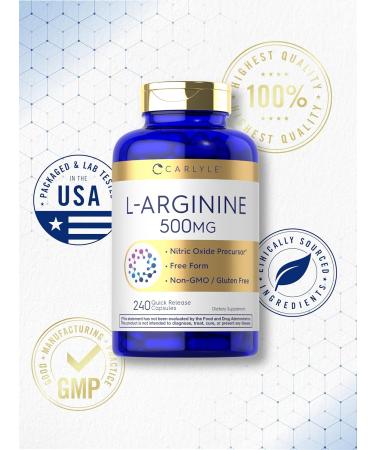 Carlyle L-Arginine 500 mg Capsules | 240 Count | Nitric Oxid Precursor | Free Form Amino Acid | Non-GMO & Gluten Free Supplement - Buy Online on GoSupps.com