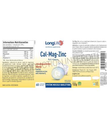 LongLife Cal-Mag-Zinc | Calcium Magnesium & Zinc with Vitamin D | High Bioavailability | Helps Nervous System & Bone Health | 60 Tablets | Vegetarian & Gluten Free - Buy Online on GoSupps.com