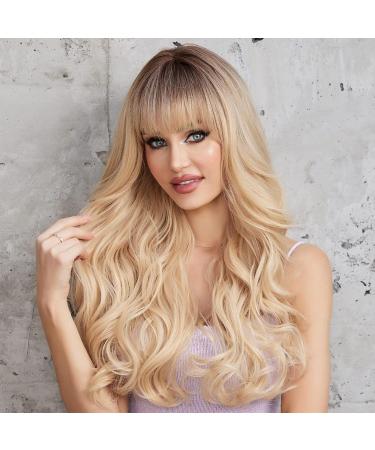 EMMOR Ombre Blonde Wigs with Bangs - Long Wavy Layered Synthetic Wig for Women - Heat-Resistant and Natural Everyday Wear - Buy Online on GoSupps.com