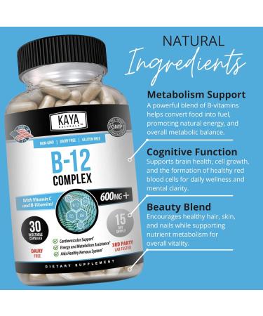 Kaya Naturals B-12 Complex | Multivitamin Supplement for Women & Men Energy and Metabolism Booster | B-Complex Vitamin with Biotin Choline Inositol Folate and Vitamin C - 30 Capsules 30 Count (Pack of 1) - Buy Online on GoSupps.com