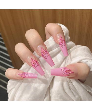 MISUD 24Pcs Coffin Press on Nails, Extra Long Fake Nails, Pink Flame Glossy False Nails, Artificial Full Cover Nail Tips for Women and Girls StyleT05