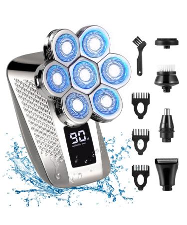Head Shavers for Men IPX7 Skull Shaver 7D Rechargeable Rotary Shaver 5-in-1 Bald Men's Shaver Electric Razor Grooming Kit with Nose Trimmer and Hairdresser's Scissors