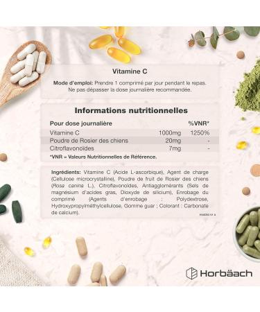 Vitamine C 1000mg Complexe avec Citrus Bioflavonoids et Rosa Canina | Cure de 6 Mois - 180 Comprim s V gans | Vitamin C Complex | Horbaach - Buy Online on GoSupps.com