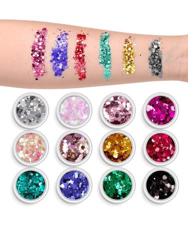 AOOWU 12 Colors Chunky Glitter Sequins for Nail & Festival Art - Holographic Cosmetic Powder for Face, Body, Eyes, Hair & DIY (08) - Buy Online on GoSupps.com