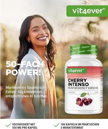 Cherry Intenseo - 180 Vegan Capsules | 550mg 50:1 Montmorency Sour Cherry Extract | High-Dosed & Lab Tested - Buy Online on GoSupps.com