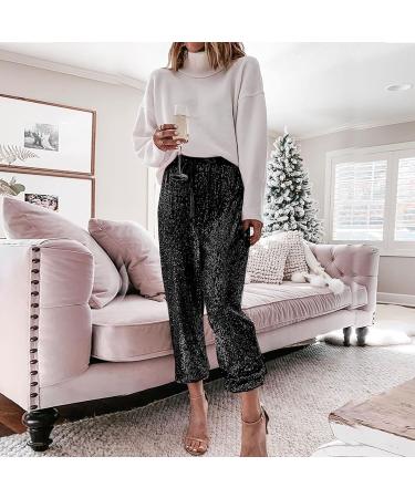Duohropke Women's High Waist Glitter Sequins Pants - Sexy Elegant Loose Long Party Pants in Black - Buy Online on GoSupps.com