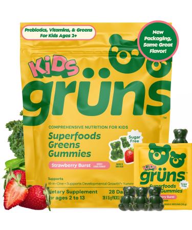 Gruns Multivitamin for Kids Sugar-Free Super Greens Superfood Gummy Bears with 20 Vitamins & Minerals Alfalfa Spirulina Chlorella Prebiotics Fiber for Digestive Health Adaptogens 28 ct