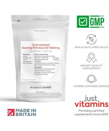 Evening Primrose Oil 1000mg x90 Soft Gel Capsules with Vitamin E | High Strength Omega 6 GLA Supplement (3 Month Supply) - Just Vitamins - Buy Online on GoSupps.com