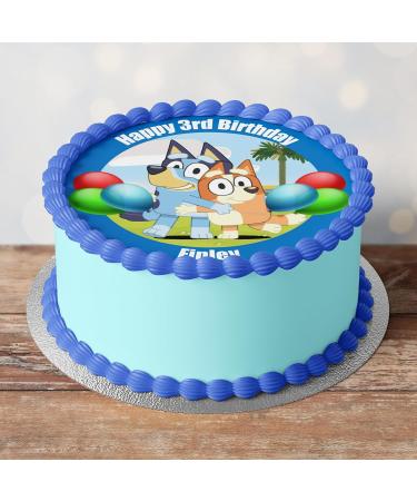 Bluey Blue Dog Theme Personalised PRECUT Cake Topper 8 Inch Round Edible Icing Sheet Birthday Cake Decoration - Buy Online on GoSupps.com
