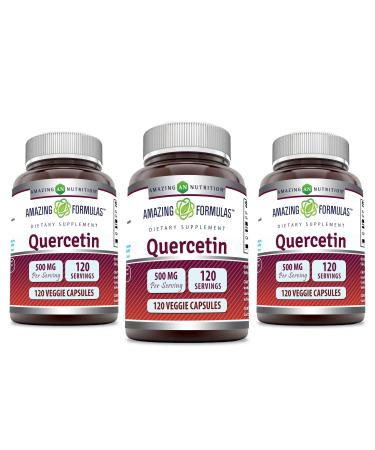 Amazing Formulas Quercetin 500mg Veggie Capsules Supplement | Non-GMO | Gluten Free | Supports Overall Health & Well Being (120 Count | 3 Pack)