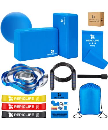 Yoga Blocks,Yoga Set,Yoga Accessories,Yoga Blocks 2 Pack with Strap,1 Mini Yoga Ball,3 Resistance Loop Bands,1 Resistance Band,1 Door Anchor,1 Jump Rope,Gym Bag & Manual for Yoga,Pilates,Stretching