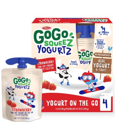 GoGo squeeZ yogurtZ Strawberry, 3 oz (4 Pouches) - Kids Snack Made from Real Yogurt & Fruit - Pantry Friendly Snack, No Fridge Needed - No Preservatives - Kosher Certified - Gluten Free Snack for Kids Strawberry 3 Ounce
