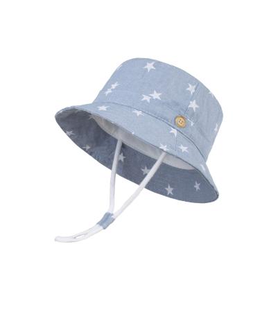 LANGZHEN Beach Sun Protection Hat for Baby Girls Adjustable Toddler Kids Hat Wide Brim Summer Play Hat with Chin Strap Light Blue - Stars 4-8 Years