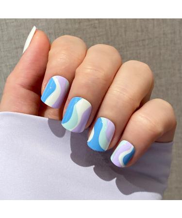 Novo ovo nails to stick on short corner oval press on fake nails purple white green strudel artificial fingernails to lavender stick artificial nails with glue for Valentine's Day Primavera