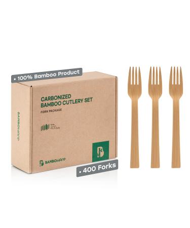100% Bamboo Utensils - 400 Carbonized Forks Disposable Cutlery Biodegradable and Sanitized - Heavy Duty & Fully Functional Fork Package