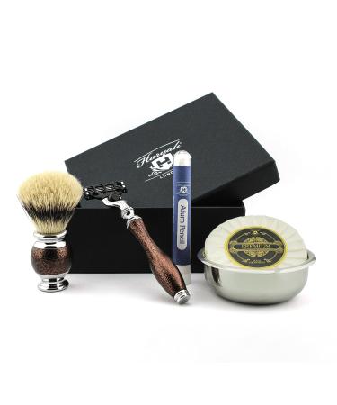 5Pc Mens Grooming & Shaving Kit 3 Edge Razor With Silver Tip Badger Hair Shaving Brush Bowl Soap and Alum Perfect Set For Men