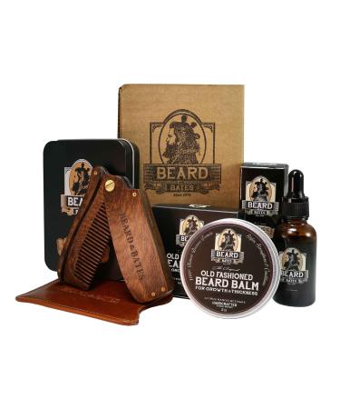 Beard & Bates | Grooming Essentials Beard Kit | Premium 19th Century Beard Balm Organic Beard Oil Luxury Sandalwood Switchblade Folding Comb and Genuine Engraved Leather Pouch