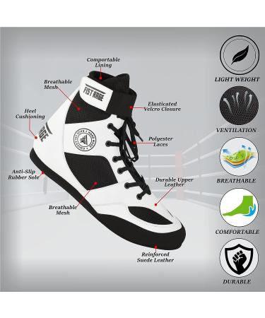 FISTRAGE Leather Boxing Shoes | Kick Fighting Training Mesh Unisex Pro Men's & Youth | Lightweight Boot for Adults & Youth | White/Black - Size Women 9.5/Men 8 - Buy Online on GoSupps.com