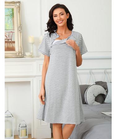 Sykooria Women's Maternity Nightdress | Nursing Nightgown | V Neck Pajama Tops | Soft Loungewear for Pregnant Women - Stripe Light Grey XL - Buy Online on GoSupps.com