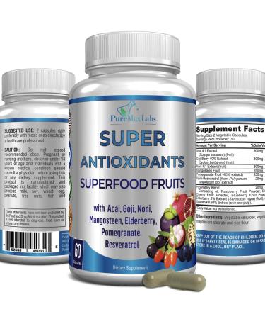 Super Antioxidant Fruit Superfood Complex 60 Capsules, Powerful Antioxidant Superfruits, Acai, Goji, Noni, Mangosteen, Pomegranate, Elderberry, Resveratrol, Immune Support, Skin Care