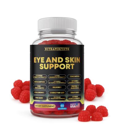 Eye & Skin Support Gummies Lutein 20mg Zeaxanthin Lycopene Astaxanthin CoQ10 Omega-3 DHA Hyaluronic Acid Vitamin C & E Vision & Skin Hydration Chewables with Antioxidant Botanicals