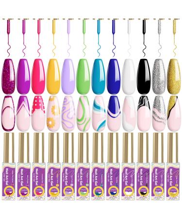 JOSLOVE Gel Liner Nail Art Gel Polish Set 12 Colors Tulip Gel Nail Polish Kit Built  Thin Nail Art Brush in Bottle  Gel DIY Nail Art Tools Gifts for Women Girls L122 C-LinerGel L122