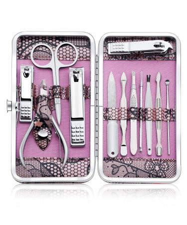 Manicure Set Professional Nail Clippers Kit Pedicure Care Tools- Stainless Steel Grooming Kit 12Pcs for Travel or Home (Pink)