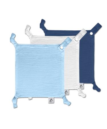 Baby Luxe 5-in-1 Mini Muslin Square Bib Toy Holder Washcloth Comforter - With Clip Attachment For Baby Bag Pacifiers Teething Toys and More (Set of 3: Baby Blue Navy White Cloth) 23_23_cm Baby Blue Navy White