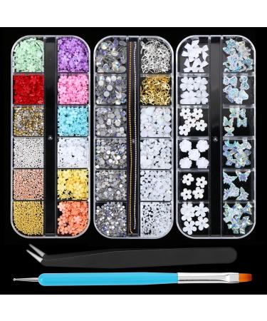 Yolev 3D Nail Art Gem Decoration Accessories Kit Acrylic Butterfly White Flowers Bear Starry AB Crystal Cute Nail Charms for Nail Art Jewelry Accessories Crafting with Dual-End Brush and Tweezer