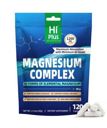 Magnesium Complex Supplement with 10 Forms of Elemental Magnesium 1200 mg per Serving Magnesium Glycinate Citrate Malate & Taurate High Absorption Vegan Capsules Non-GMO