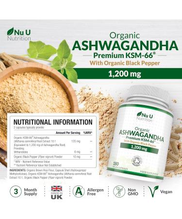 Organic Ashwagandha KSM-66 1200mg - 5% Withanolides - 180 Vegan Capsules not Tablets - High Strength Ashwaganda Enhanced with Black Pepper - Soil Association Certified - Nu U Nutrition - Buy Online on GoSupps.com
