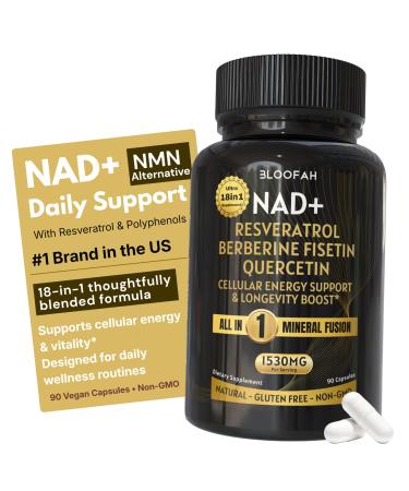 Bloofah NAD+ Supplement 1530mg - Nicotinamide Riboside with Resveratrol 18 in 1 Herbal Supplement + Green Tea for Women & Men Cellular Energy, Healthy Aging Support | 90 Vegan Capsules