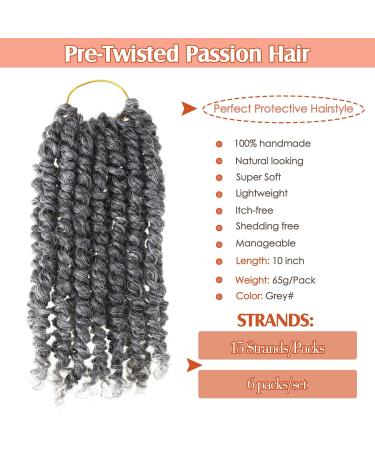6 Packs 10 Inch Passion Twist Crochet Hair - Short Curly Pre Twisted Braiding Extensions in Grey | Fluffy Spring Twist Synthetic Pre Looped Crochet Braids - Buy Online on GoSupps.com
