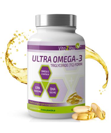Vita2You Vita2You Ultra Omega 3 Capsules 2000mg TG Form - 1000mg EPA & 500mg DHA Per 2 Capsules - 120 Soft Gel Capsules - Fish Oil - High Dosed - Premium Quality
