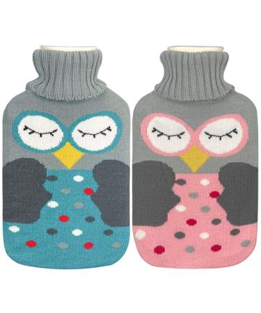 Rubber Hot Water Bottle with Cover - 2L Hot Water Bag for Foot Bed Warmer Pain Relief Hot Cold Therapy Cramps 2 Pack Cartoon Owl Blue OWL&Pink OWL 2.0
