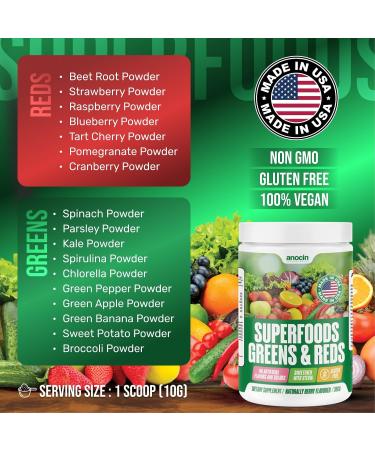 anocin Greens + Reds Superfood Powder Organic Spirulina Chlorella Wheatgrass & Berry Antioxidants Probiotics + Digestive Enzymes 30 Servings No Sugar Great Taste Mixes Smoothly - Buy Online on GoSupps.com