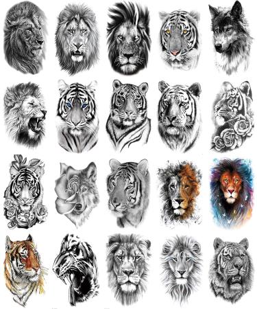 Lion Tiger Wolf Half Arm Sleeve Temporary Tattoo Sticker For Men L8.3"xW5.9"(20Sheets)