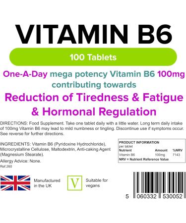 Lindens - Vitamin B6 100mg Tablets - 100 Pack - Ultra-Potent 7000% Nrv Contributes to Healthy Metabolism Reduction of Tiredness Normal Immune & Nervous System Function - UK Made Letterbox Friendly - Buy Online on GoSupps.com