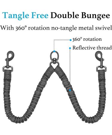 iYoShop Dual Dog Leash - 360 Swivel, No Tangle, Shock Absorbing Bungee - Medium/Large Black - Buy Online on GoSupps.com