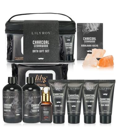 Bath and Body Gift Set for Men for Father  Home Spa Gift Basket for Father Day  10Pcs Charcoal Cedarwood Men's Spa Kit with Jojoba Oil  Aftershave Balm  Shave Gel  Mud Musk  Shower Steamer and Toiletry Bag  Gifts for Fat...