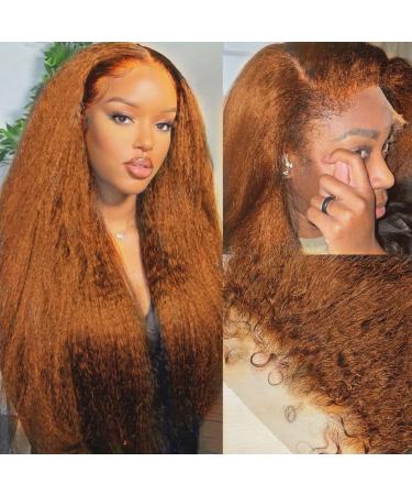 Light Chocolate Brown Orange Ginger Colored 180% Density Kinky Curly Edges Hairline 13x4 Lace Front Wigs HD Transparent Lace Frontal Wigs Glueless Human Hair with Curly Baby Hair Kinky Straight Frontal Wig PrePlucked (20...