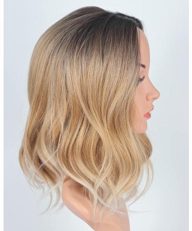 SYMEIW Ombre Blonde Bob Wig for Women - 14 Inch Synthetic Middle Part Party Cosplay Costume Wig with Brown Roots - Buy Online on GoSupps.com