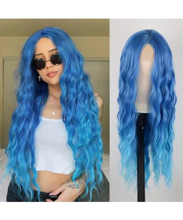 Medo Blue Wigs For Women Long Wavy Wigs 28 Inch Water Wave Ombre Blue Wig Synthetic Hair Colorful Wigs Heat Resistant Fiber Party Daily Wigs 26 Inch Mix Blue