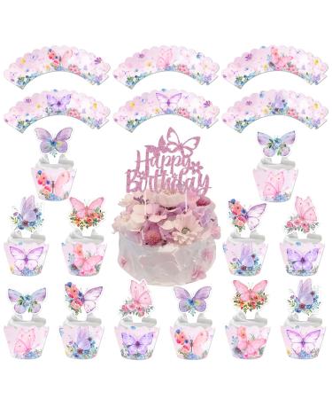 GORWERY Butterfly Cake Decorations 1 Pink Butterfly Happy Birthday Cake Topper 12 Butterfly Cupcake Toppers and Wrappers for Spring Summer Butterfly Theme Party Birthday Baby Shower