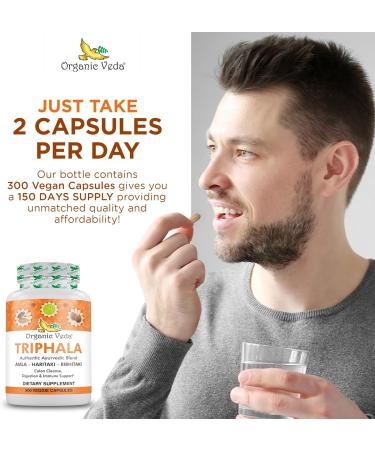 Organic Veda Triphala Powder 300 Capsules 1000mg - Organic Triphala Supplement for Colon Cleanse Immune Gut & Digestion Health - Whole Green Antioxidants Amla Haritaki & Bibhitaki - Vegan Pills - Buy Online on GoSupps.com