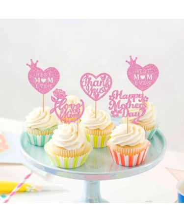 Cyodoos 24 Pcs Happy Mothers Day Cupcake Toppers Glitter Cake Toppers Cupcake Heart Mother Happy Birthday Party Supplies Decorations Pink - Buy Online on GoSupps.com
