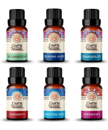 GuruNanda 100% Natural Essential Oil Blends Set - Aromatherapy for Diffusers - Breathe Easy, Tranquility, Harmony, Sleep, Relaxation, Immunity - 0.33 Fl Oz (Pack of 6) - Buy Online on GoSupps.com