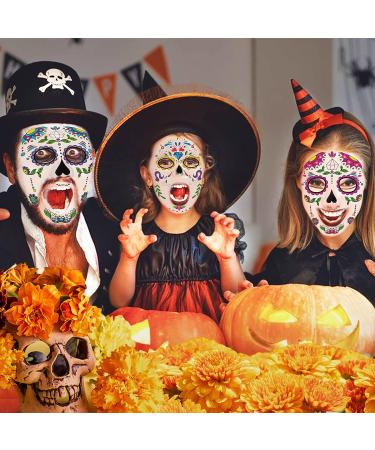 Day of the Dead Face Tattoos - 10 Sugar Skull Floral Designs for Halloween Party - Temporary Full Face Stickers for Adults & Kids - Buy Online on GoSupps.com